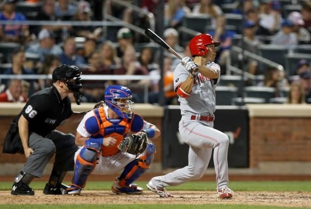 Shogo Akiyama of the Cincinnati Reds follows through on a fourth inning double against the New York Mets at Citi Field on July 31, 2021 in New York...