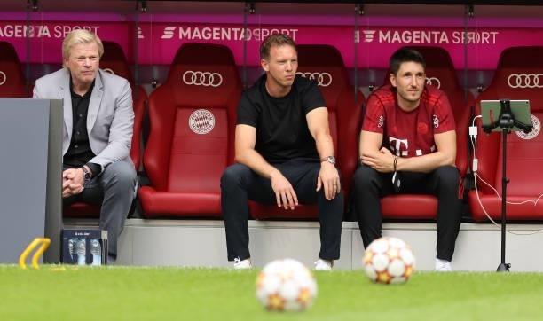 Coach Julian Nagelsmann of Bayern Muenchen and Oliver Kahn member of the FC Bayern Muenchen executive board at Allianz Arena on July 31, 2021 in...