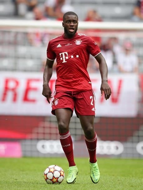 Dayot Upamecano of FC Bayern Munich runs with a ball at Allianz Arena on July 31, 2021 in Munich, Germany.