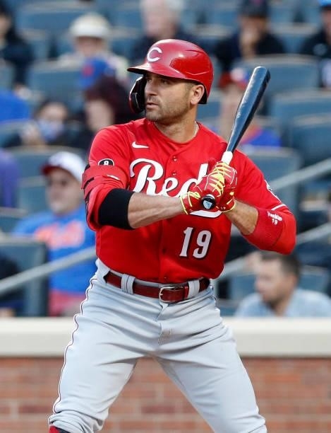 Joey Votto of the Cincinnati Reds in action against the New York Mets at Citi Field on July 30, 2021 in New York City. The Reds defeated the Mets 6-2.