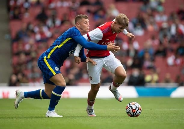 Emile Smith Rowe of Arsenal gets the better of Ross Barkley of Chelsea during the Pre Season Friendly between Arsenal and Chelsea at Emirates Stadium...
