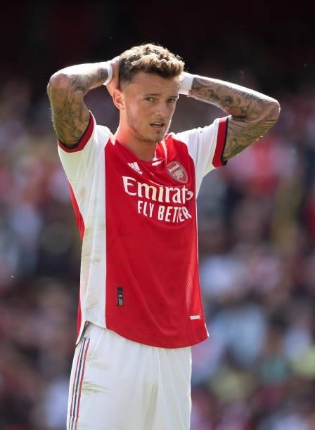 Ben White of Arsenal during the Pre Season Friendly between Arsenal and Chelsea at Emirates Stadium on August 1, 2021 in London, England.