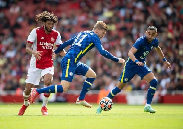 Mohamed Elneny of Arsenal, Timo Werner of Chelsea with Hakim Ziyech in support during the Pre Season Friendly between Arsenal and Chelsea at Emirates...