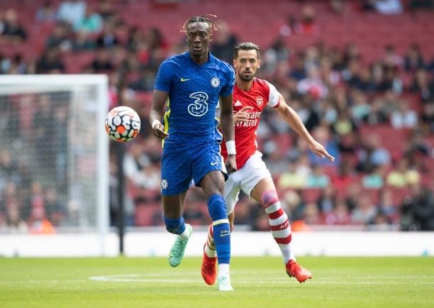 Pablo Marí of Arsenal and Tammy Abraham of Chelsea during the Pre Season Friendly between Arsenal and Chelsea at Emirates Stadium on August 1, 2021...