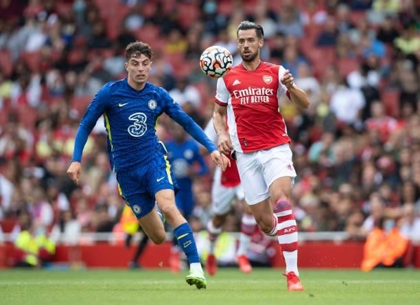 Pablo Marí of Arsenal and Kai Havertz of Chelsea during the Pre Season Friendly between Arsenal and Chelsea at Emirates Stadium on August 1, 2021 in...