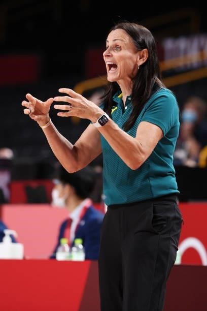 Team Australia Head Coach Sandy Brondello signals to her team during the 2nd half of their Women's Basketball Preliminary Round Group C game against...