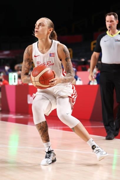 Jazmon Gwathmey of Team Puerto Rico pulls up to take a shot against Team Australia during the 2nd half of a Women's Basketball Preliminary Round...