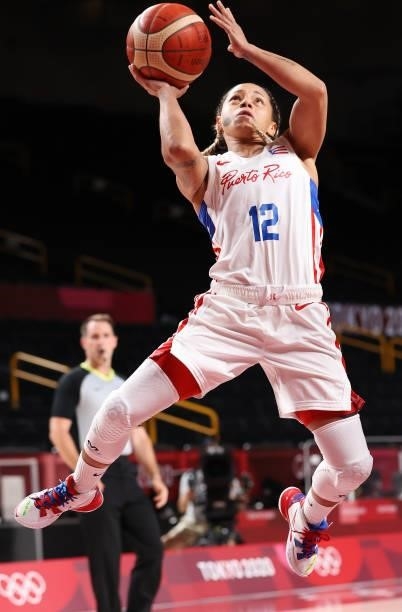 Dayshalee Salaman of Team Puerto Rico drives to the basket against Team Australia during the 2nd half of a Women's Basketball Preliminary Round Group...