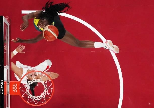 Ezi Magbegor of Team Australia drives to the basket against Tayra Melendez of Team Puerto Rico during the 2nd half of a Women's Basketball...
