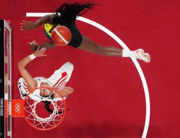 Ezi Magbegor of Team Australia drives to the basket against Tayra Melendez of Team Puerto Rico during the 2nd half of a Women's Basketball...