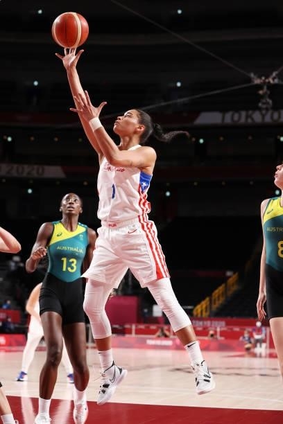 Tayra Melendez of Team Puerto Rico takes a jump shot against Team Australia during the 2nd half of a Women's Basketball Preliminary Round Group C...