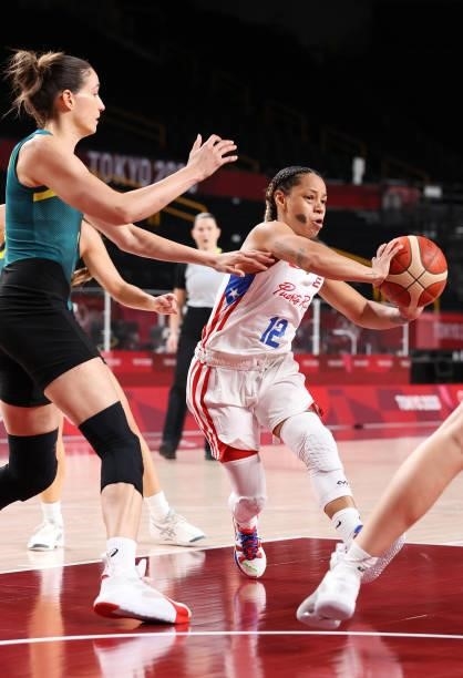 Dayshalee Salaman of Team Puerto Rico drives to the basket against Bec Allen of Team Australia during the 2nd half of a Women's Basketball...