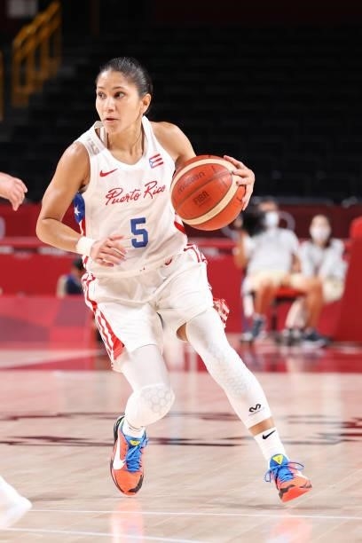 Pamela Rosado of Team Puerto Rico drives to the basket against Team Australia during the 2nd half of a Women's Basketball Preliminary Round Group C...