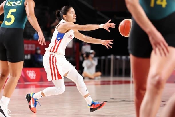Pamela Rosado of Team Puerto Rico passes the ball against Team Australia during the 2nd half of a Women's Basketball Preliminary Round Group C game...