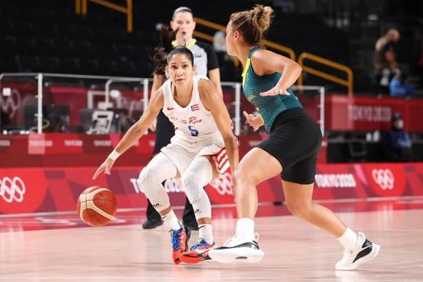 Pamela Rosado of Team Puerto Rico drives to the basket against Leilani Mitchell of Team Australia during the 2nd half of a Women's Basketball...