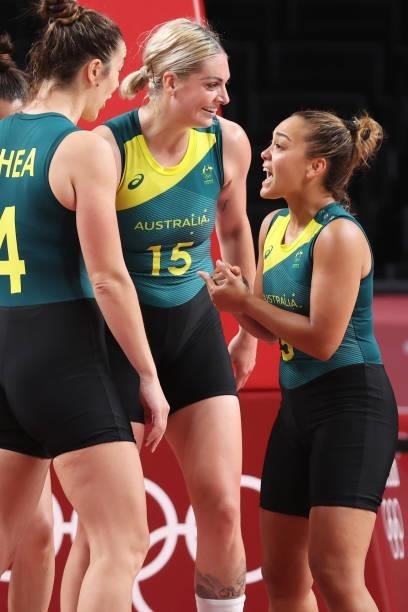Cayla George of Team Australia shares a laugh with teammates Jenna O'Hea and Leilani Mitchell during the 2nd half of their Women's Basketball...