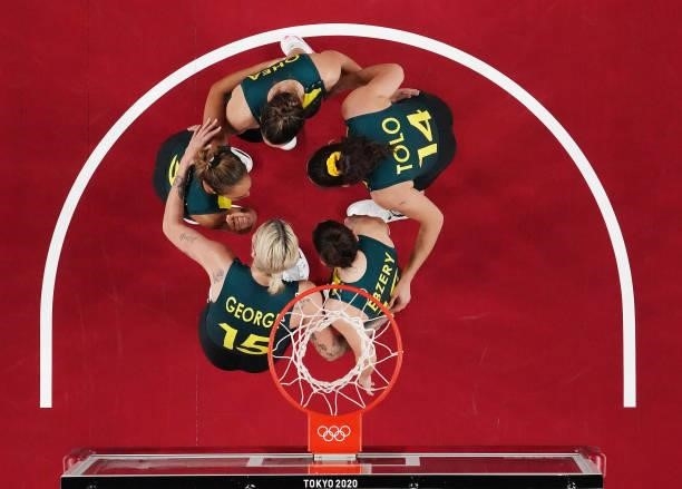 Team Australia huddles up during the 2nd half of their Women's Basketball Preliminary Round Group C game against Puerto Rico on day ten of the Tokyo...