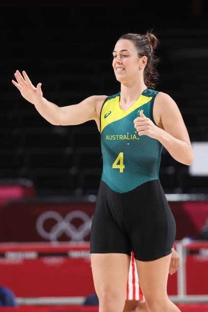 Jenna O'Hea of Team Australia reacts against Puerto Rico during the 2nd half of a Women's Basketball Preliminary Round Group C game on day ten of the...