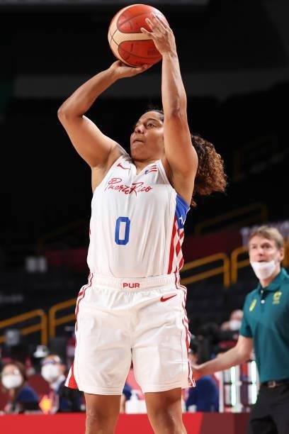 Jennifer O'Neill of Team Puerto Rico takes a jump shot against Team Australia during the 2nd half of a Women's Basketball Preliminary Round Group C...