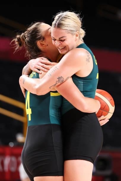 Jenna O'Hea of Team Australia and teammate Cayla George celebrate after defeating Puerto Rico in a Women's Basketball Preliminary Round Group C game...