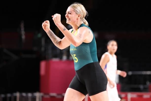 Cayla George of Team Australia celebrates after Australia defeated Puerto Rico in a Women's Basketball Preliminary Round Group C game on day ten of...