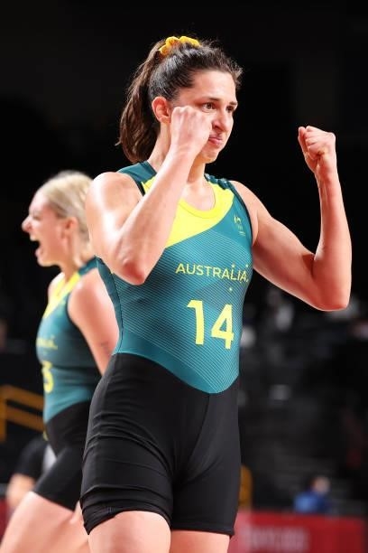 Marianna Tolo of Team Australia celebrates after Australia defeated Puerto Rico in a Women's Basketball Preliminary Round Group C game on day ten of...