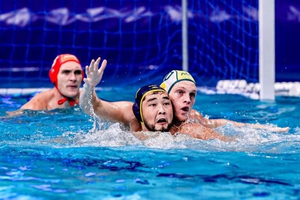 Altay Altayev of Kazakhstan, Timothy Putt of Team Australia during the Tokyo 2020 Olympic Waterpolo Tournament Men match between Team Australia and...