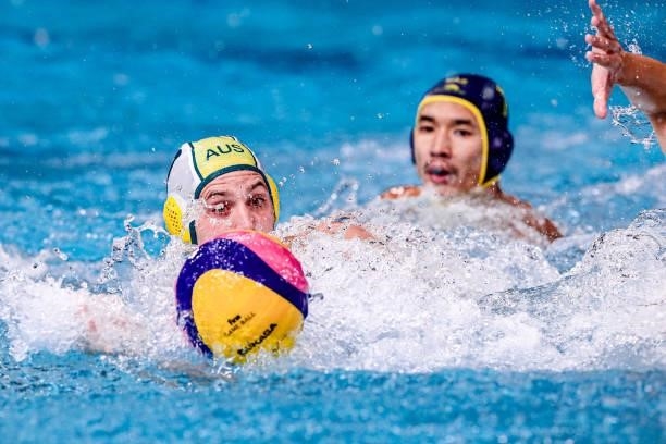 Aidan Roach of Team Australia during the Tokyo 2020 Olympic Waterpolo Tournament Men match between Team Australia and Team Kazakhstan at Tatsumi...