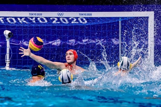 Joel Dennerley of Team Australia and Timothy Putt of Team Australia during the Tokyo 2020 Olympic Waterpolo Tournament Men match between Team...