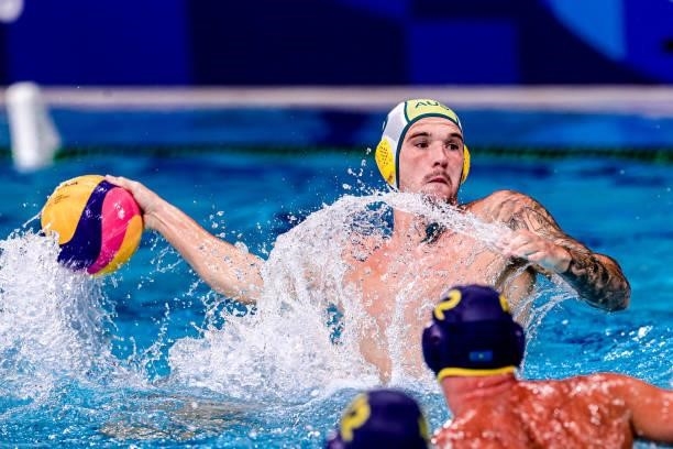 Aaron Younger of Team Australia during the Tokyo 2020 Olympic Waterpolo Tournament Men match between Team Australia and Team Kazakhstan at Tatsumi...