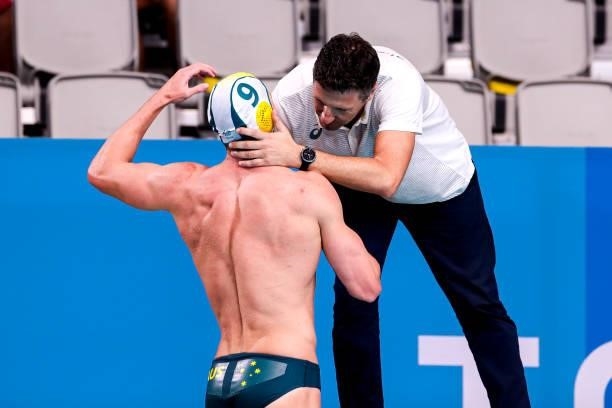 Head Coach Elvis Fatovic of Team Australia, Andrew Ford of Team Australia during the Tokyo 2020 Olympic Waterpolo Tournament Men match between Team...