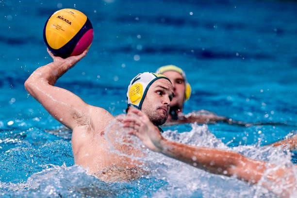 Richard Campbell of Team Australia during the Tokyo 2020 Olympic Waterpolo Tournament Men match between Team Australia and Team Kazakhstan at Tatsumi...
