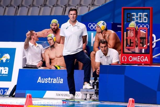 Head Coach Elvis Fatovic of Team Australia during the Tokyo 2020 Olympic Waterpolo Tournament Men match between Team Australia and Team Kazakhstan at...