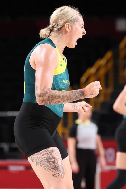 Cayla George of Team Australia celebrates after Australia defeated Puerto Rico in a Women's Basketball Preliminary Round Group C game on day ten of...