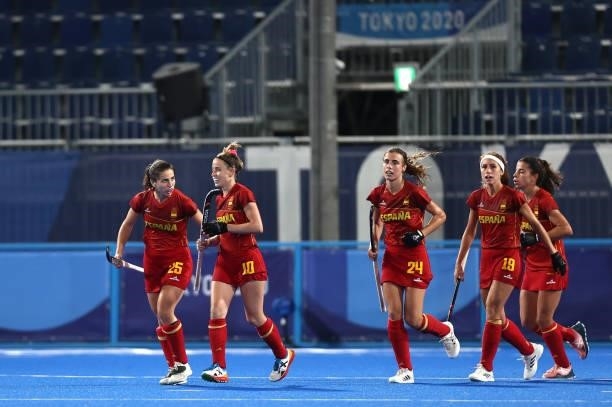 Berta Bonastre Peremateu of Team Spain celebrates with teammates after scoring their team's second goal during the Women's Quarterfinal match between...