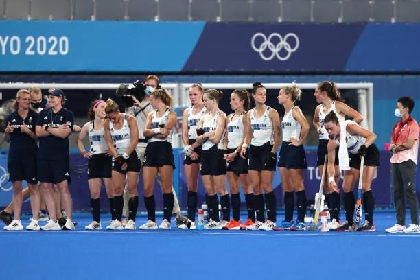 Team Great Britain look on ahead of the penalty shootout during the Women's Quarterfinal match between Spain and Great Britain on day ten of the...