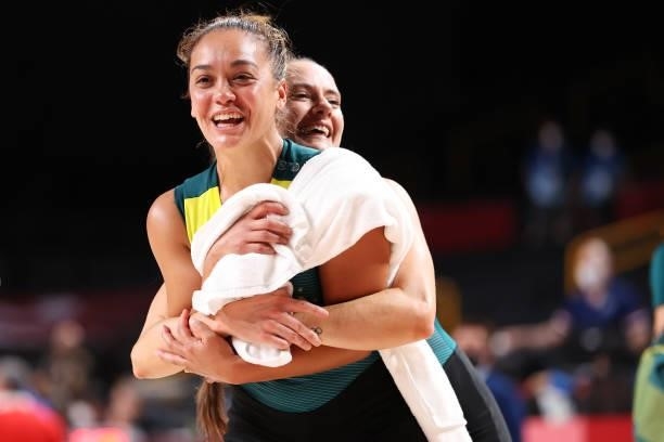 Leilani Mitchell of Team Australia celebrates with a teammate after they defeated Puerto Rico in a Women's Basketball Preliminary Round Group C game...