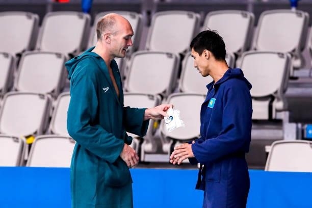 Joel Dennerley of Australia, Murat Shakenov of Kazakhstan during the Tokyo 2020 Olympic Waterpolo Tournament Men match between Team Australia and...