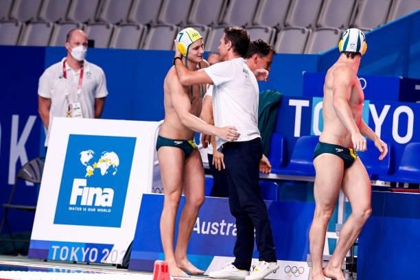 Aidan Roach of Australia, Head Coach Elvis Fatovic of Australia during the Tokyo 2020 Olympic Waterpolo Tournament Men match between Team Australia...