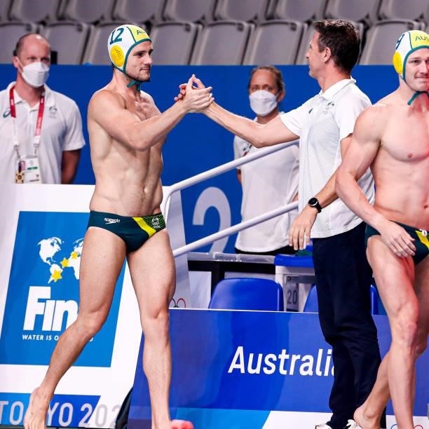 Blake Edwards of Australia, Head Coach Elvis Fatovic of Australia during the Tokyo 2020 Olympic Waterpolo Tournament Men match between Team Australia...