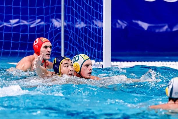 Altay Altayev of Kazakhstan, Timothy Putt of Australia during the Tokyo 2020 Olympic Waterpolo Tournament Men match between Team Australia and Team...