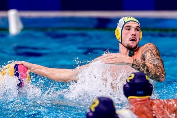 Aaron Younger of Australia during the Tokyo 2020 Olympic Waterpolo Tournament Men match between Team Australia and Team Kazakhstan at Tatsumi...