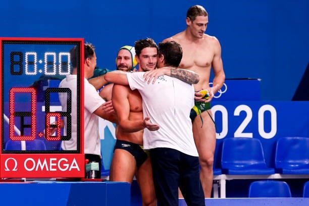 Aaron Younger of Australia, Head Coach Elvis Fatovic of Australia during the Tokyo 2020 Olympic Waterpolo Tournament Men match between Team Australia...