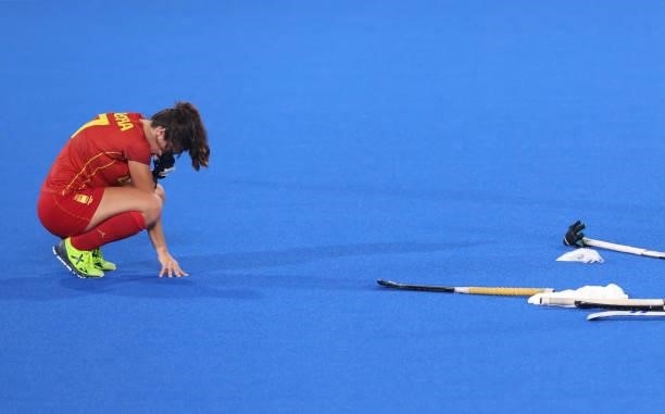Carlota Petchame Bonastre of Team Spain reacts following a loss in the Women's Quarterfinal match between Spain and Great Britain on day ten of the...