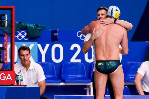 Head Coach Elvis Fatovic of Australia, Richard Campbell of Australia during the Tokyo 2020 Olympic Waterpolo Tournament Men match between Team...