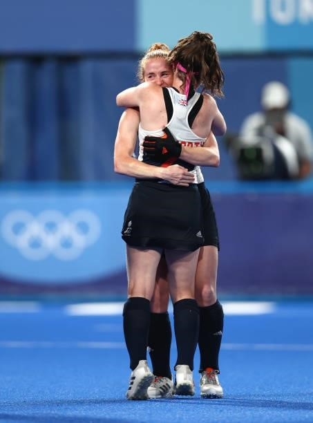 Sarah Louise Jones and Laura Unsworth of Team Great Britain celebrate victory in the Women's Quarterfinal match between Spain and Great Britain on...