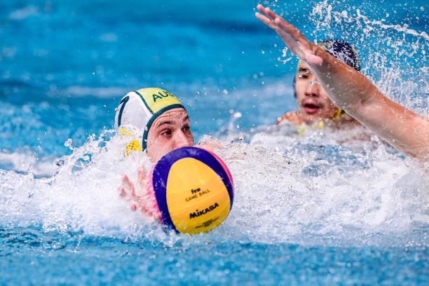 Aidan Roach of Australia during the Tokyo 2020 Olympic Waterpolo Tournament Men match between Team Australia and Team Kazakhstan at Tatsumi Waterpolo...