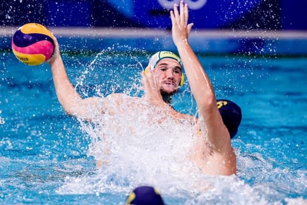 Aaron Younger of Australia, Danil Artyukh of Kazakhstan during the Tokyo 2020 Olympic Waterpolo Tournament Men match between Team Australia and Team...