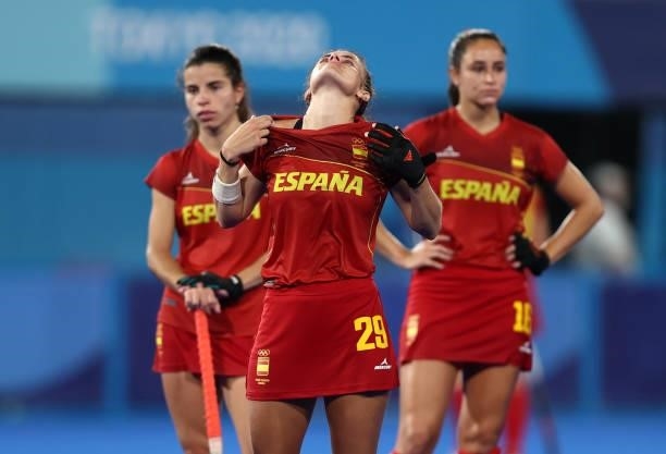 Lucia Jimenez Vicente of Team Spain reacts following a loss in the Women's Quarterfinal match between Spain and Great Britain on day ten of the Tokyo...