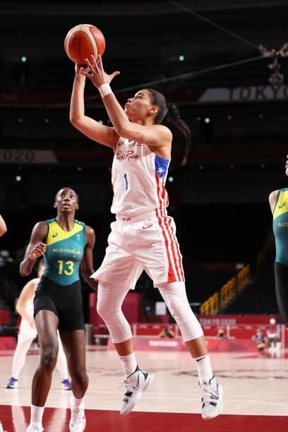 Tayra Melendez of Team Puerto Rico takes a jump shot against Team Australia during the 2nd half of a Women's Basketball Preliminary Round Group C...